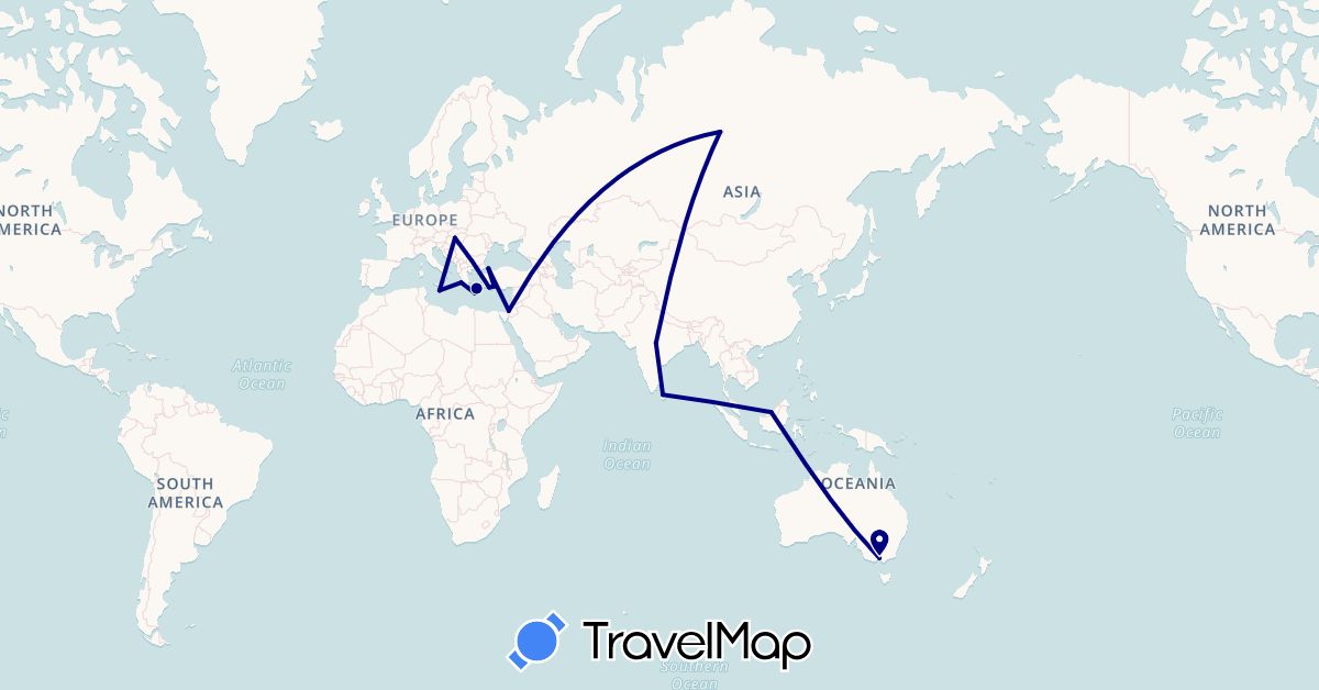 TravelMap itinerary: driving in Australia, Greece, Hungary, Israel, India, Sri Lanka, Malta, Malaysia, Russia, Turkey (Asia, Europe, Oceania)